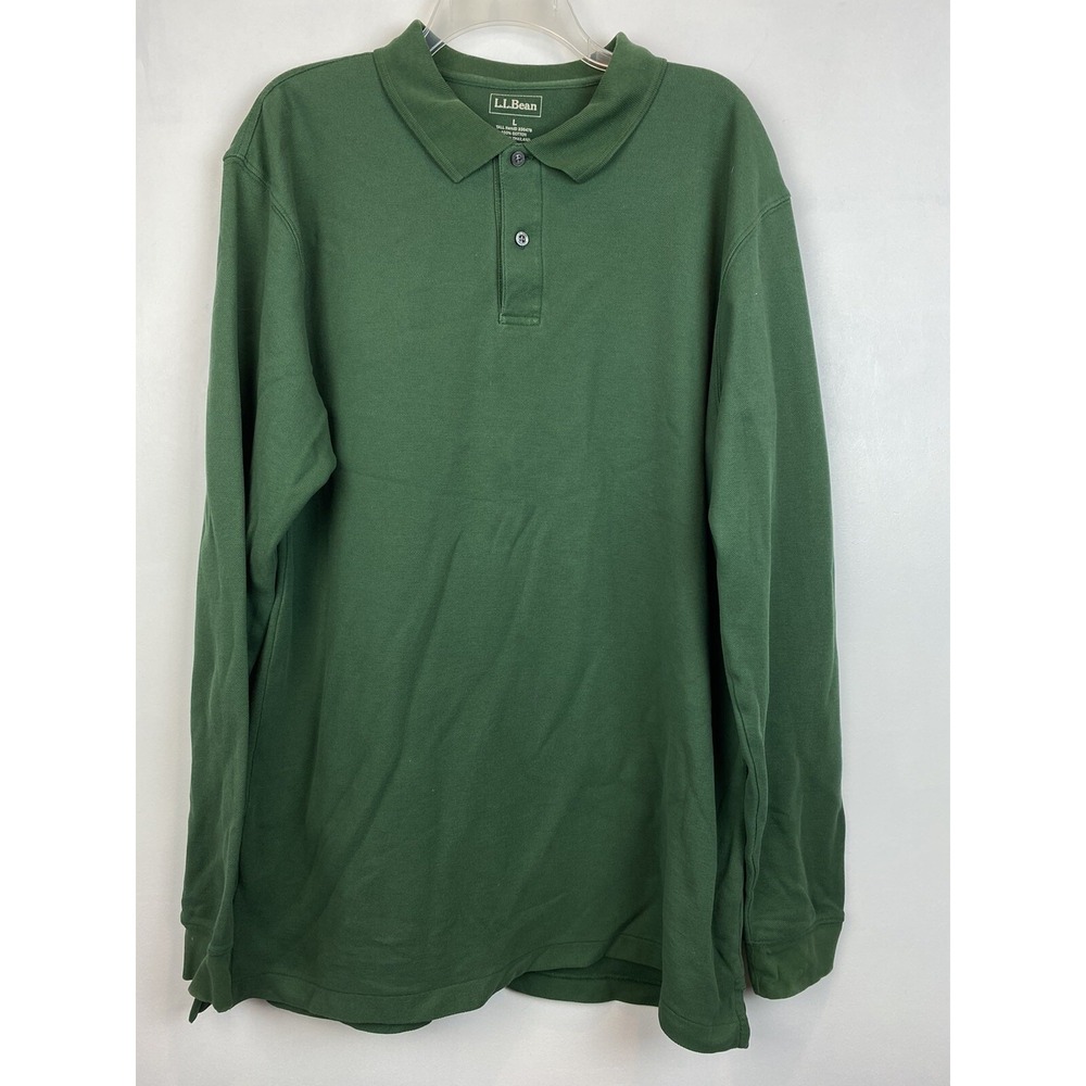 LL Bean Polo Shirt Mens L T Long Sleeve Green Cotton Collared Rugby Casual Flaw